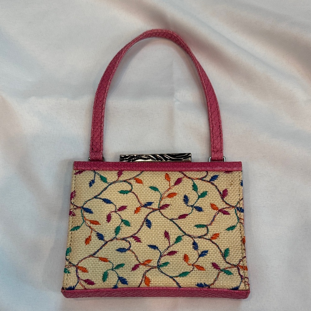 Vintage Y2K Pink Snakeskin Trim Embroidered Vine Mini Handbag